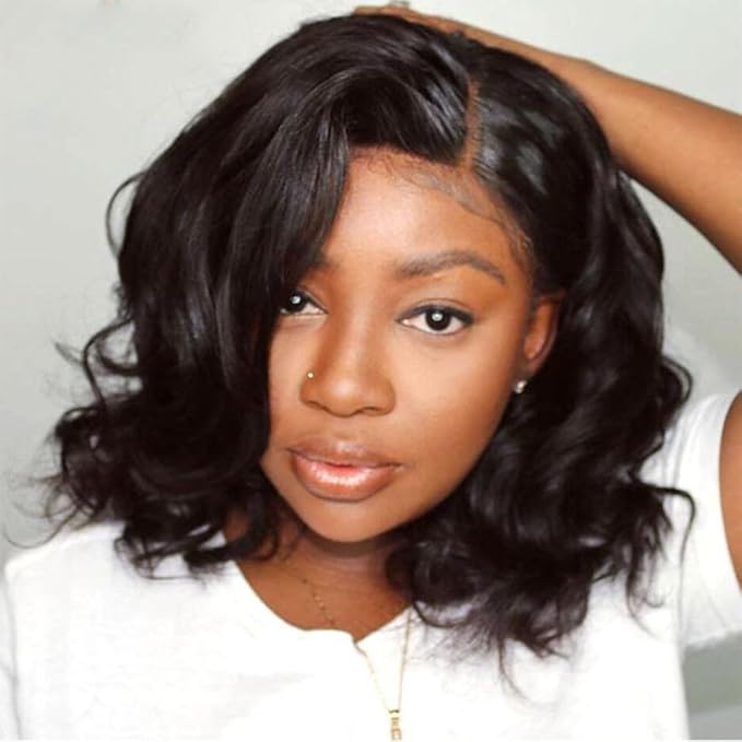 Short Bob Human Hair Wear Go Wig Glueless 13x4 Lace Front Pre-Plucked Body Wave Ocean Wave 180% Density - Natural Color (10 Inch)