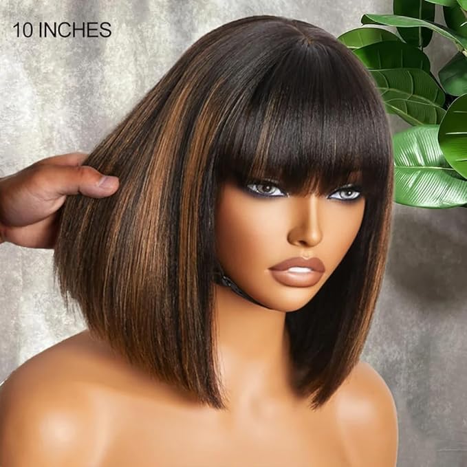 Black Brown Highlight Layered Cut Yaki Straight Short Bob Wigs Put On and Go Wig with Bangs Human Hair Wigs