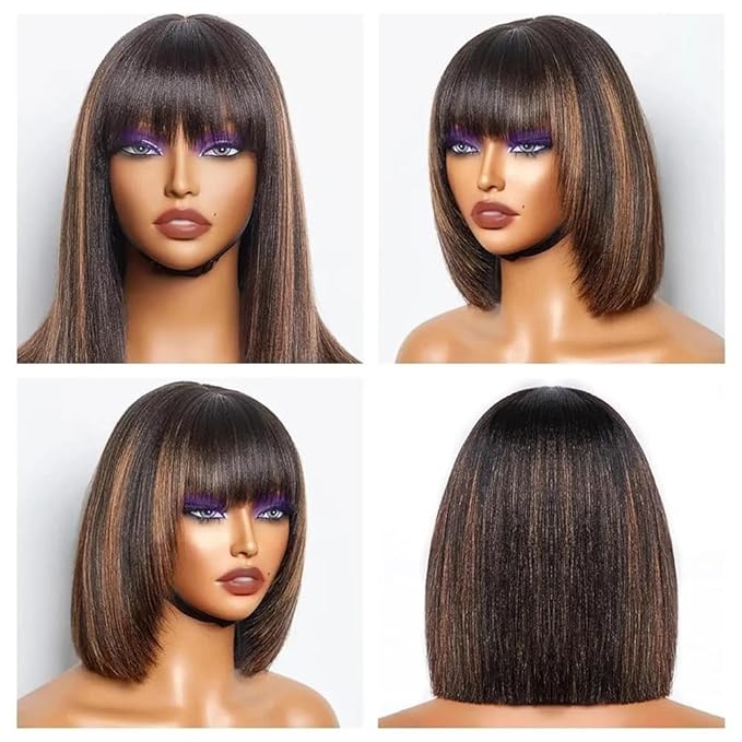 Black Brown Highlight Layered Cut Yaki Straight Short Bob Wigs Put On and Go Wig with Bangs Human Hair Wigs