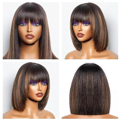 Black Brown Highlight Layered Cut Yaki Straight Short Bob Wigs Put On and Go Wig with Bangs Human Hair Wigs