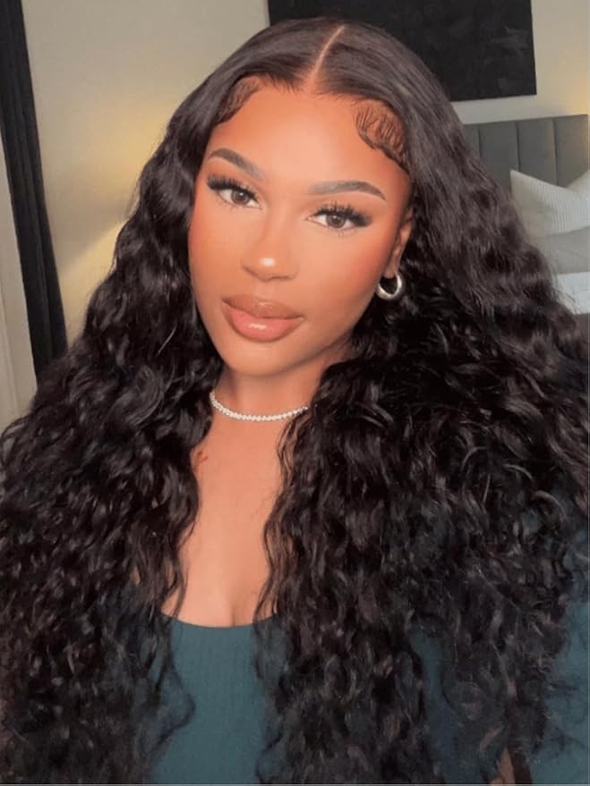 7x5 Glueless Wig Pre Cut 180% Density Wet And Wavy Water Wave Natural Black Invisible Knots Lace Frontal Wig Put On and Go