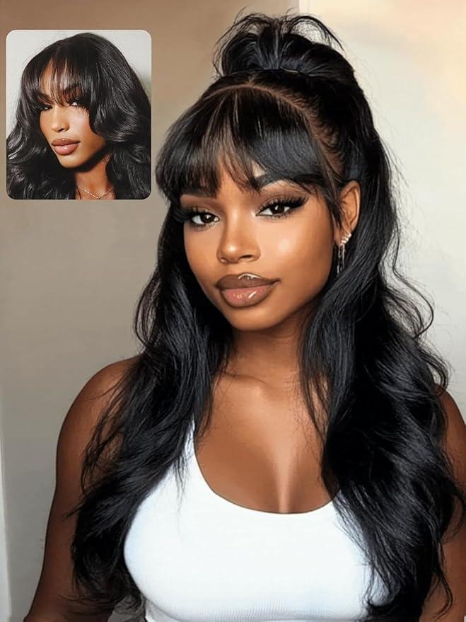 Pre-Everything 7x5/13x4 Lace Frontal Loose Wave Wigs with Bangs-Fluffy Hair 3D Dome Cap Put on and Go Glueless Human Hair