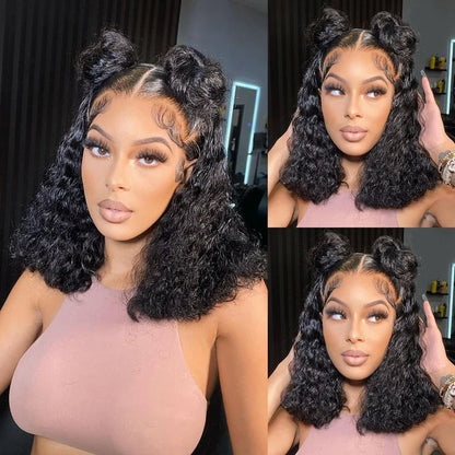 Short Curly Bob 13x4 Lace Front Human Hair Wig Soft Breathable Reusable Nontangled Brazilian Wig Adjustable Size (14 inches)