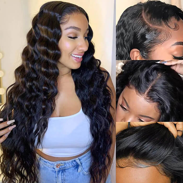 Natural Black Glueless Wig Loose Deep Human Hair 13x4 HD Lace Front Wigs