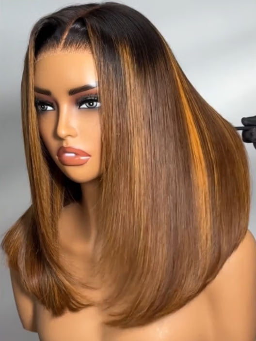 Caramel Highlights On Blonde 7x5 Pre Cut Lace Straight Blunt Bob Hair Wig With Dark Roots Glueless Human Hair Beginner Friendly