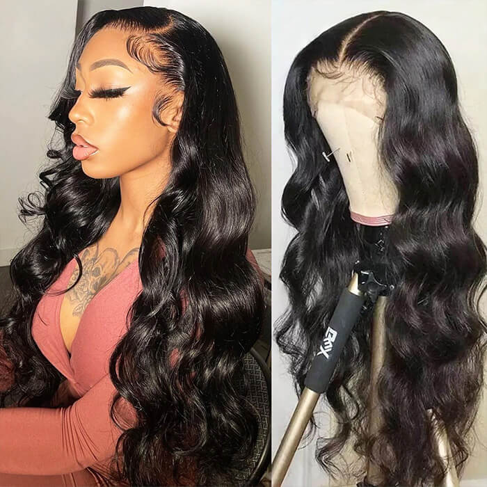13x4 Body Wave Transparent Lace Front Wigs Human Hair Pre Plucked HD Lace Frontal Glueless Wigs with Baby Hair Natural Black