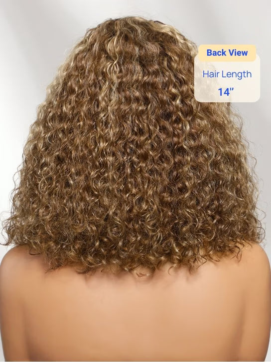 7x5 Pre Cut Honey Blonde Highlights Sun-kissed Hair Shoulder-length Glueless Curly Bob Wig Put On and Go 180% Density