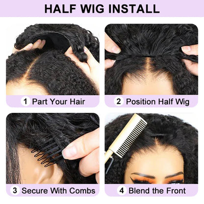 Curly Half Wig 3 In 1 Seamless Flip Over With Drawstring for Women Human Hair Glueless Wear and Go Half Up Half Down Headband