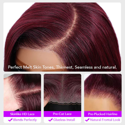 Black Cherry 7x5 Lace Front Drawstring Glueless Short Bob Body Wave Wig Pre-Everything Salon Free Human Hair Wigs