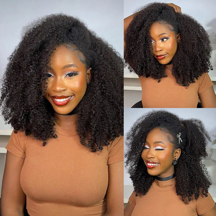 Curly Half Wig 3 In 1 Seamless Flip Over With Drawstring for Women Human Hair Glueless Wear and Go Half Up Half Down Headband