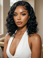 6X4 Glueless Lace "C" Side Part Water Wave Bob Wig 220% Density Drawstring Ready To Wear Short Curly Friendly For Beginners