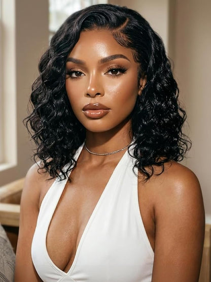 6X4 Glueless Lace "C" Side Part Water Wave Bob Wig 220% Density Drawstring Ready To Wear Short Curly Friendly For Beginners