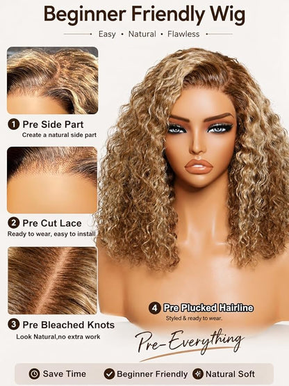 7x5 Pre Cut Honey Blonde Highlights Sun-kissed Hair Shoulder-length Glueless Curly Bob Wig Put On and Go 180% Density