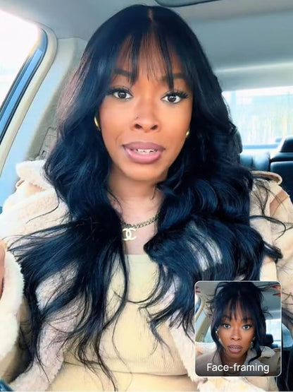 Boohair 7x5 Bye Bye Knots 13x4 Lace Fluffy Loose Body Wave Lace Frontal Wig with Bangs Pre everything Put On and Go Human Hair Glueless  Wigs 180% Density