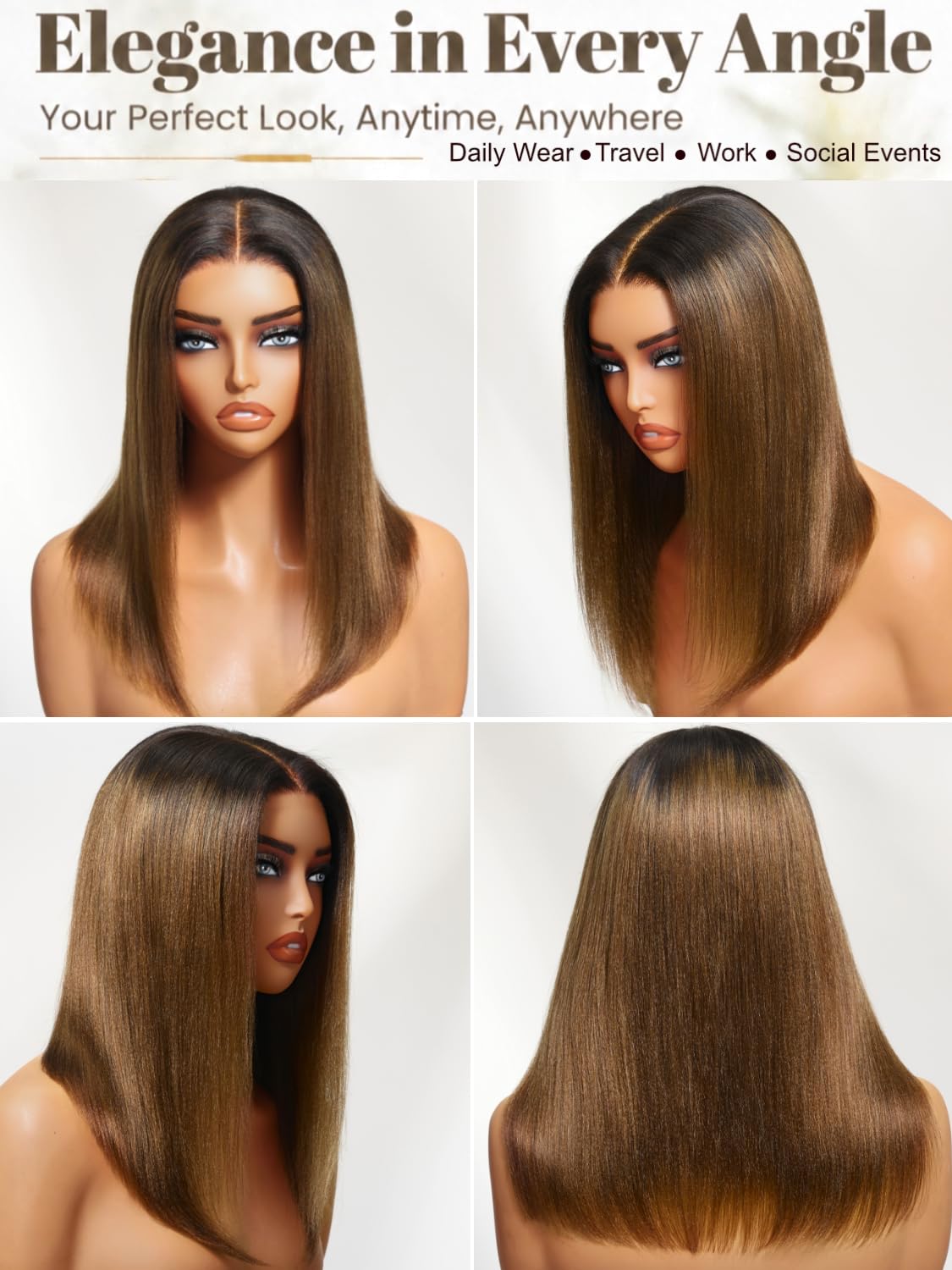7x5 Bye-Bye Knots Ombre Chestnut Brown Put On and Go Yaki Bob Straight Lace Wig Glueless Human Hair Wigs with Invisi Drawstring
