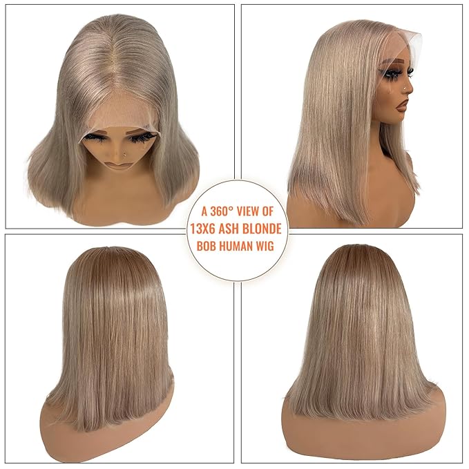 13x6 HD Lace Front Wig Human Hair Invisible Knots Ash Blonde Ombre Silky Straight 12 Inch Short Bob Wigs With Pre-Cut Lace 180% Density Blond Wig