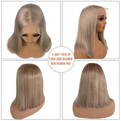 13x6 HD Lace Front Wig Human Hair Invisible Knots Ash Blonde Ombre Silky Straight 12 Inch Short Bob Wigs With Pre-Cut Lace 180% Density Blond Wig
