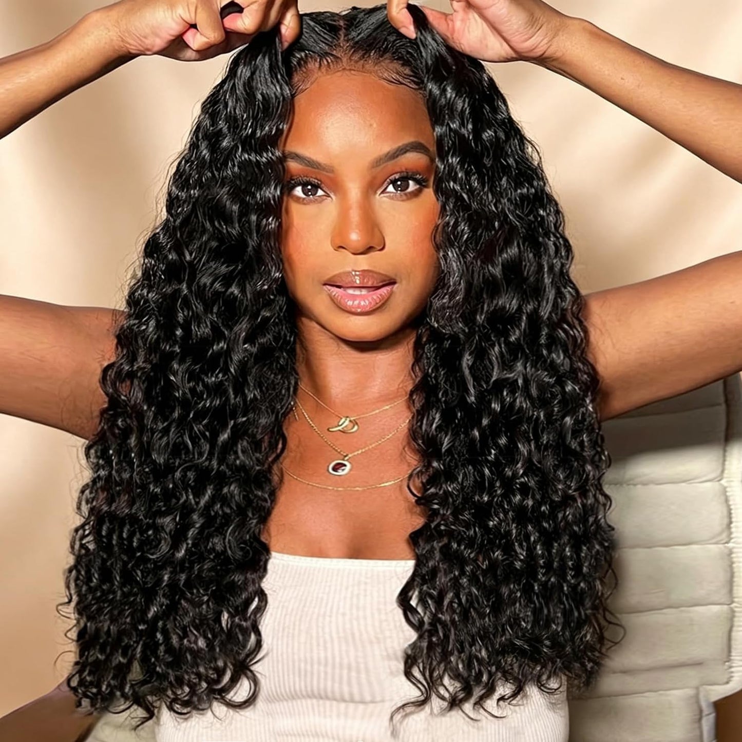 Glueless Curly Pre Plucked Pre Cut Deep Wave Wig for Women 200 Density Drawstring 13X6 Hd Lace Closure Middle Part Wear and Go Wigs Natural Black Color
