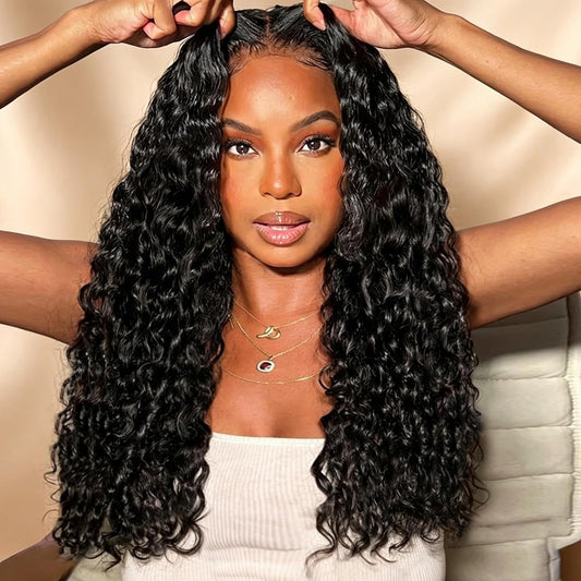 Glueless Curly Pre Plucked Pre Cut Deep Wave Wig for Women 200 Density Drawstring 13X6 Hd Lace Closure Middle Part Wear and Go Wigs Natural Black Color