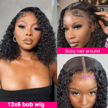 Short Curly Bob Wigs Brazilian Virgin Human Hair 13x4 Lace Front Wigs Kinky Curly Hair Pre Plucked with Baby Hair 150% Density (12inch, 13x4)