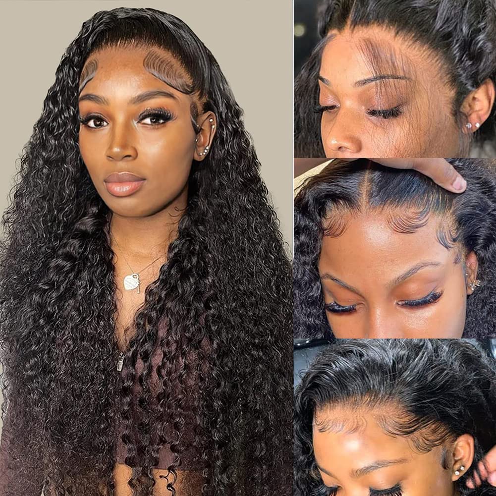 360 Full Lace Glueless Deep Wave Wig Invisi Drawstring Natural Black Pull & Go 180% Density Human Hair