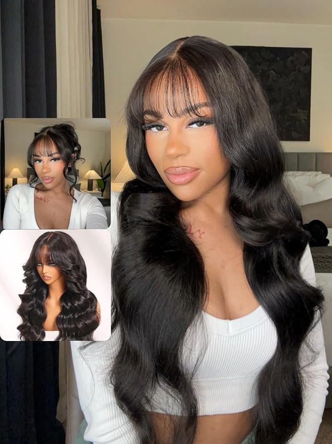 Boohair 7x5 Bye Bye Knots 13x4 Lace Fluffy Loose Body Wave Lace Frontal Wig with Bangs Pre everything Put On and Go Human Hair Glueless  Wigs 180% Density