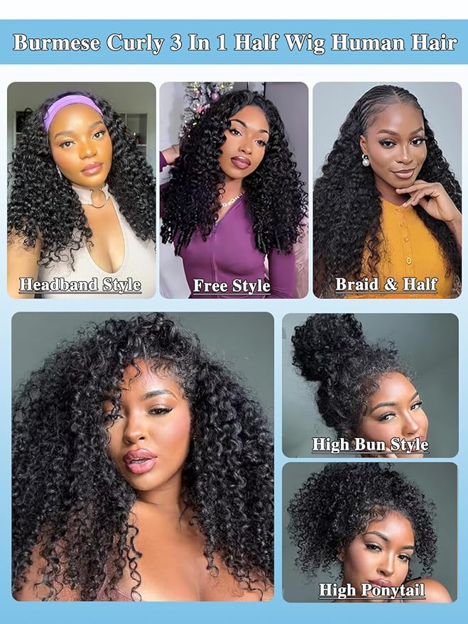 [3 In 1 Half Wig] Burmese Curly Glueless Half Wig With Elastic Drawstring Endless Natural Black Protective Styles