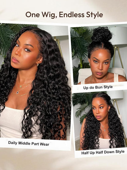 Glueless Curly Pre Plucked Pre Cut Deep Wave Wig for Women 200 Density Drawstring 13X6 Hd Lace Closure Middle Part Wear and Go Wigs Natural Black Color