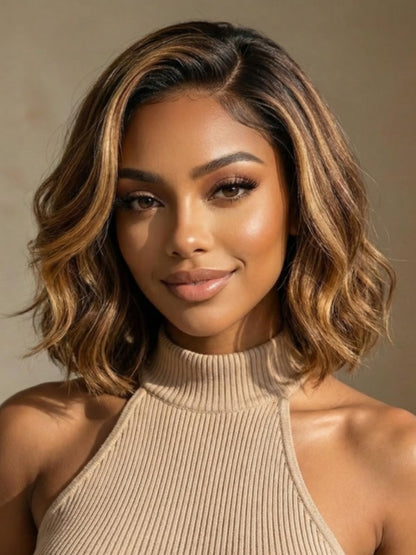 7x5 and 13x4 Glueless French Bob Style Human Hair with HD Lace Pre Everything Chocolate Brown Highlight Wig Soft Barrel Curls Wear and Go for Beginners 10Inch