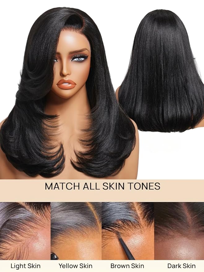 Elegant 7x5 Pre Cut Side-Part Yaki Straight Lace Part Glueless Drawstring Wig With Blowout Face-framing Feathered Layers Ready to Go Beginner Friendly