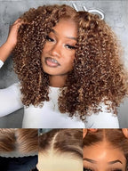 Honey Blonde Short Kinky Curly Wear Go Glueless Wigs Human Hair Highlight Bob Wig 180 Density Ombre Pre Cut Transparent Lace Wigs