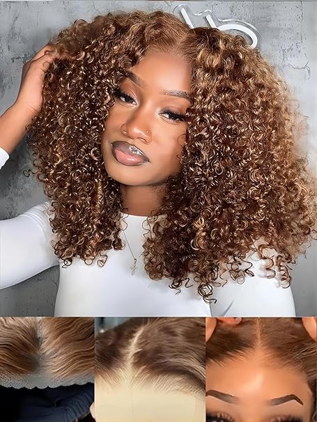 Honey Blonde Short Kinky Curly Wear Go Glueless Wigs Human Hair Highlight Bob Wig 180 Density Ombre Pre Cut Transparent Lace Wigs