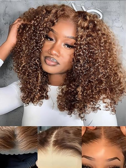 Honey Blonde Short Kinky Curly Wear Go Glueless Wigs Human Hair Highlight Bob Wig 180 Density Ombre Pre Cut Transparent Lace Wigs