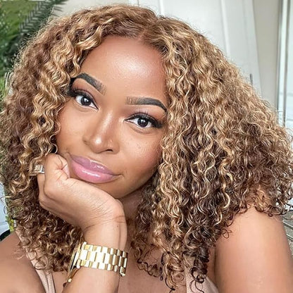 Honey Blonde Short Kinky Curly Wear Go Glueless Wigs Human Hair Highlight Bob Wig 180 Density Ombre Pre Cut Transparent Lace Wigs