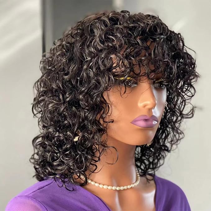Short Curly Human Hair Minimalist Lace Wear Go Glueless Water Wave Bob Wig with Bangs Natural Black Beginner Friendly