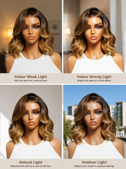 7x5 and 13x4 Glueless French Bob Style Human Hair with HD Lace Pre Everything Chocolate Brown Highlight Wig Soft Barrel Curls Wear and Go for Beginners 10Inch