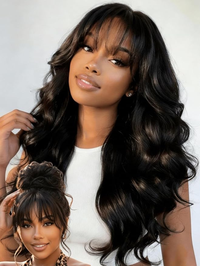 Boohair 7x5 Bye Bye Knots 13x4 Lace Fluffy Loose Body Wave Lace Frontal Wig with Bangs Pre everything Put On and Go Human Hair Glueless  Wigs 180% Density