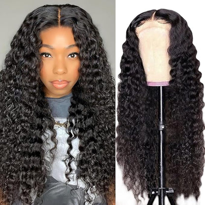 360 Full Lace Glueless Deep Wave Wig Invisi Drawstring Natural Black Pull & Go 180% Density Human Hair