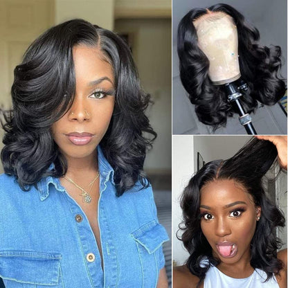 Short Bob Human Hair Wear Go Wig Glueless 13x4 Lace Front Pre-Plucked Body Wave Ocean Wave 180% Density - Natural Color (10 Inch)
