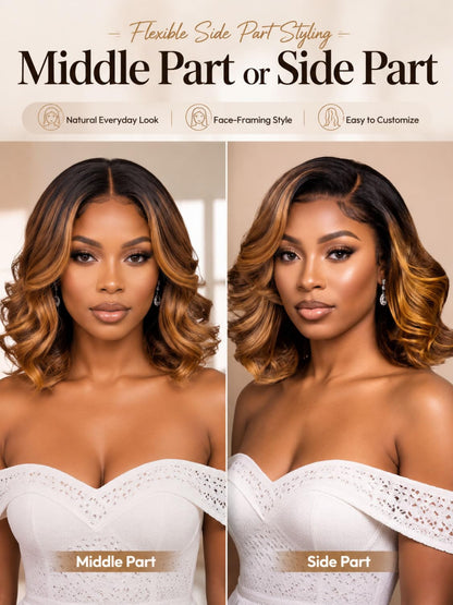 7x5 and 13x4 Glueless French Bob Style Human Hair with HD Lace Pre Everything Chocolate Brown Highlight Wig Soft Barrel Curls Wear and Go for Beginners 10Inch