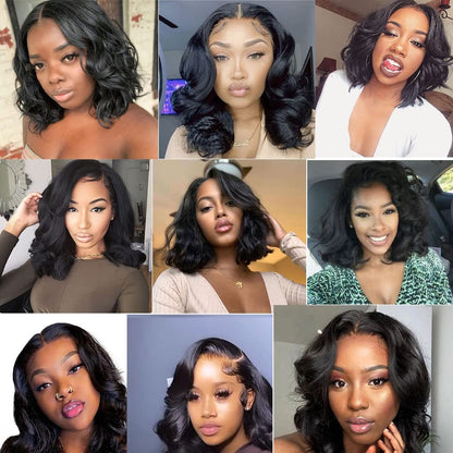 Short Bob Human Hair Wear Go Wig Glueless 13x4 Lace Front Pre-Plucked Body Wave Ocean Wave 180% Density - Natural Color (10 Inch)