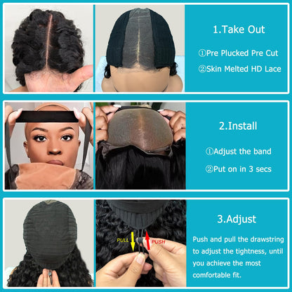 Glueless Curly Pre Plucked Pre Cut Deep Wave Wig for Women 200 Density Drawstring 13X6 Hd Lace Closure Middle Part Wear and Go Wigs Natural Black Color