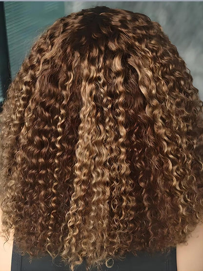 Honey Blonde Short Kinky Curly Wear Go Glueless Wigs Human Hair Highlight Bob Wig 180 Density Ombre Pre Cut Transparent Lace Wigs