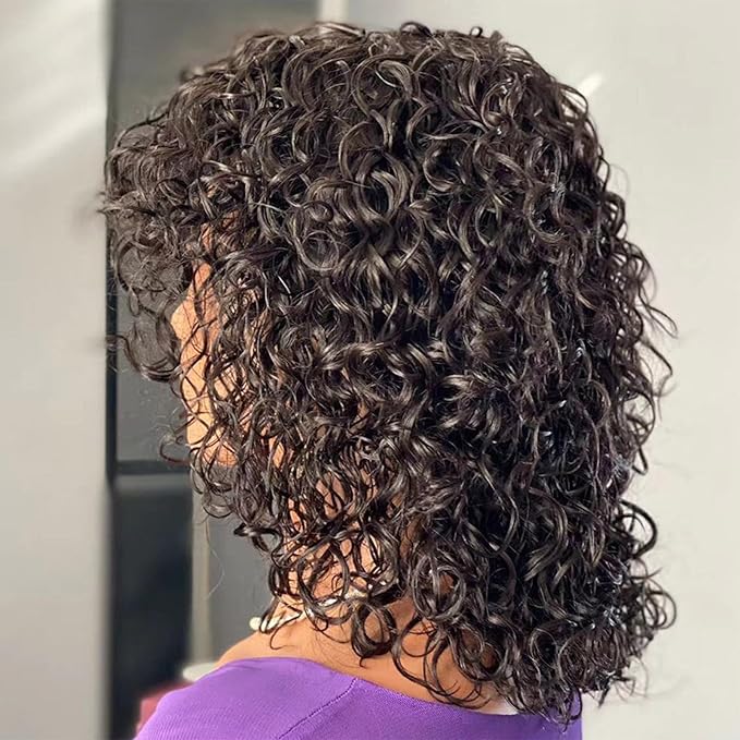 Short Curly Human Hair Minimalist Lace Wear Go Glueless Water Wave Bob Wig with Bangs Natural Black Beginner Friendly