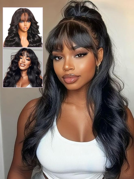 Pre-Everything 7x5/13x4 Lace Frontal Loose Wave Wigs with Bangs-Fluffy Hair 3D Dome Cap Put on and Go Glueless Human Hair