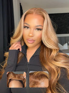 7x5 Bye-Bye Knots Glueless Wig Pre-Cut Lace Honey Blonde Body Wave With Bleached Clean Knots Ombre Highlight Color 150% Density