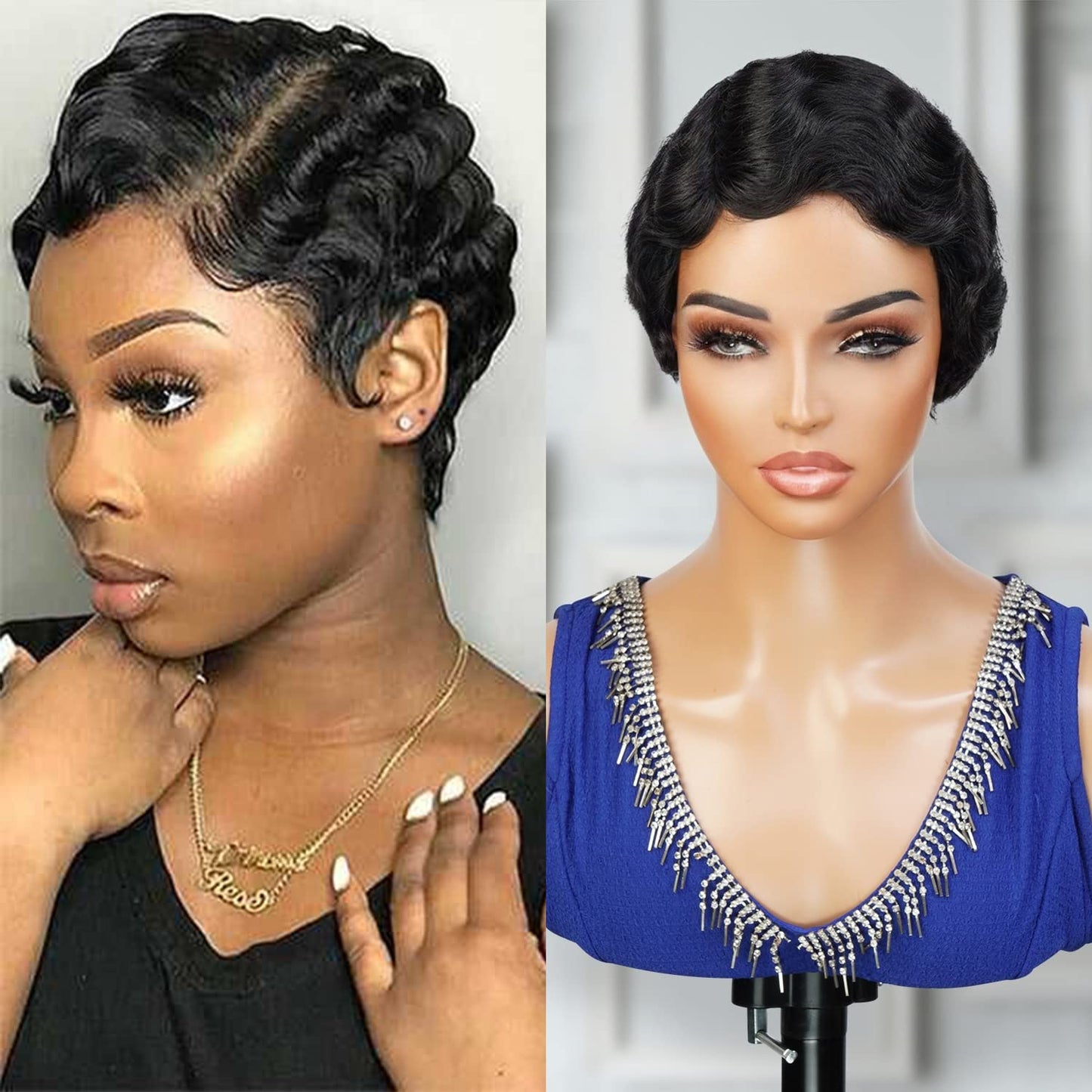 Modern Show Short Mommy Curly Hair Wig Finger Wave Human Hair Wear Go Wigs Guleless Remi Pixie Cut Wig Pre Plucked 150% Density On Sale