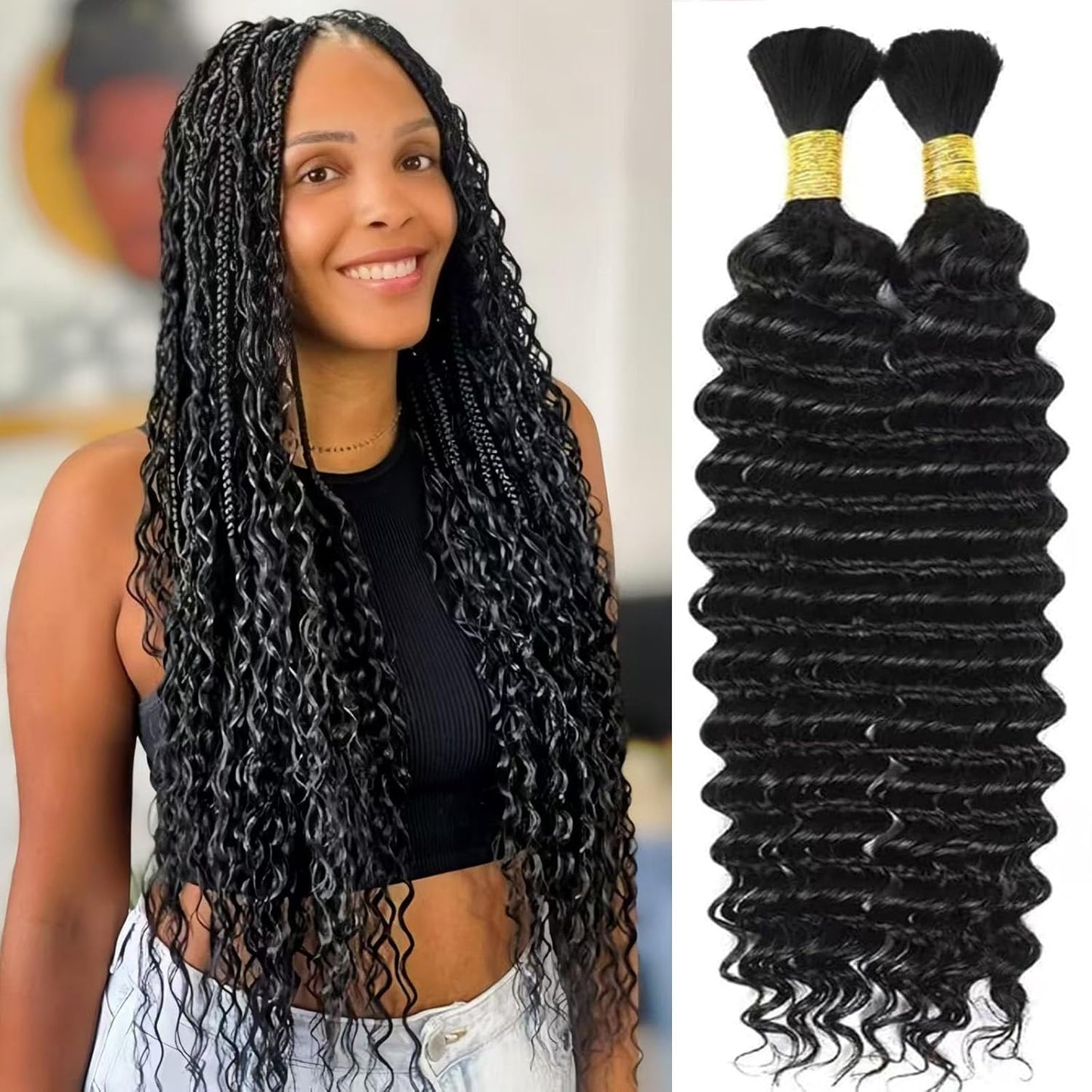 Water Wave Bulk Human Hair For Boho Braiding Natural Black