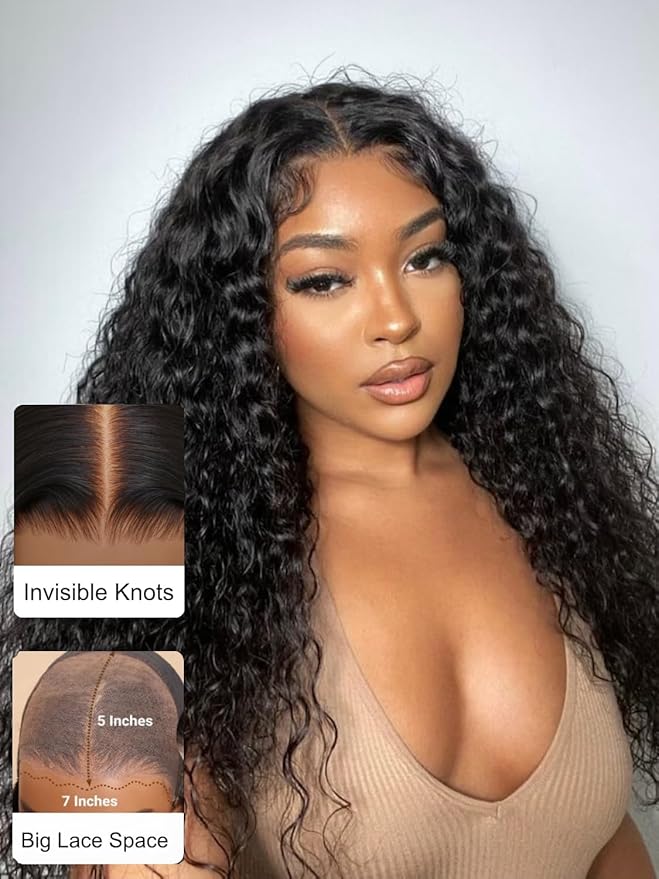 7x5 Glueless Wig Pre Cut 180% Density Wet And Wavy Water Wave Natural Black Invisible Knots Lace Frontal Wig Put On and Go