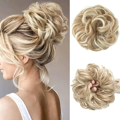 Large Messy Bun Hair Piece Wavy Curly Scrunchies Synthetic Chignon Ponytail Hair Extensions Thick Updo Hairpieces for Women Dirty Blonde